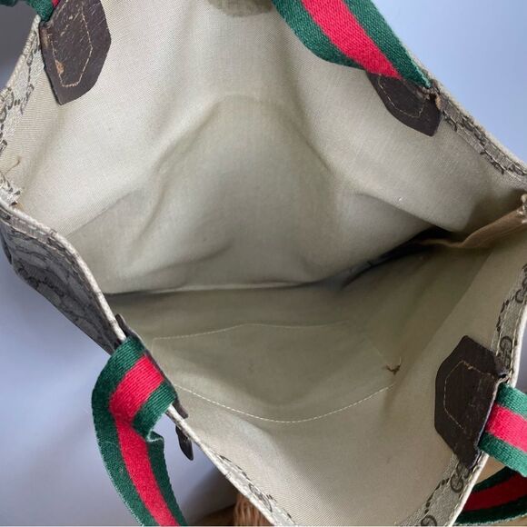 Gucci Vintage Monogram GG Shery Line Coated Brown Tan Strap Striped Bag Tote - Picture 11 of 12